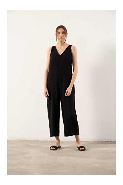 İpekçi Otantik Saf Keten V Yaka Kadın Tulum