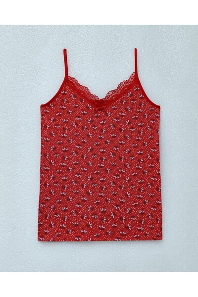Modamorfo Floral Patterned Lace Strap Tank Top - Red