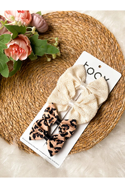 aysskids Cream Straw Textured and Leopard Patterned Girl's Baby Buckle Set