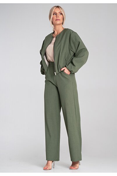 Figl Wide Leg Pants with Elastic Waist - Women's Suit Pants - Green M1197 size S/M