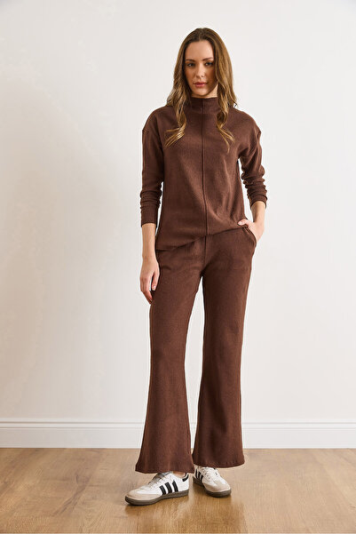 Olalook Women's Bitter Brown Bottom Pocket Pants Top Mock Neck Blouse Fleece-Lined Set Tkm-19000254