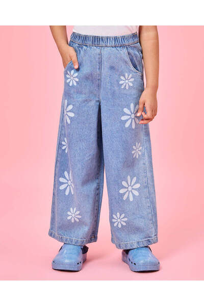 REDTAG بنطلون جينز أزرق بنقشة زهور للبنات أرجل واسعة