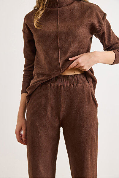 Olalook Women's Bitter Brown Bottom Pocket Pants Top Mock Neck Blouse Fleece-Lined Set Tkm-19000254