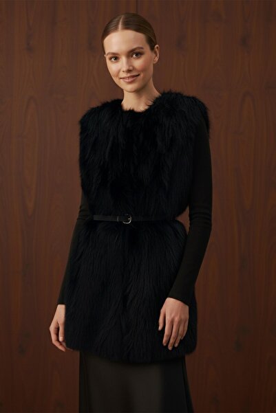Puane Women's Belted Lolita Fur Vest - 15223Ylk - Black