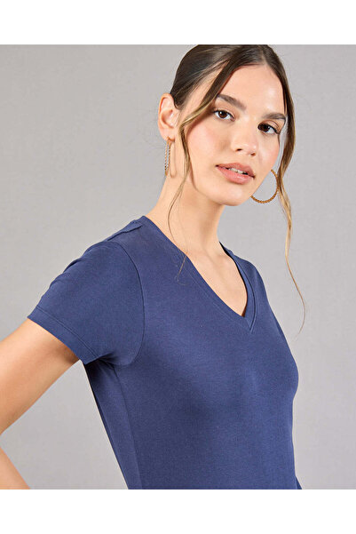 REDTAG Women Navy Short Sleeve V-Neck T-Shirt