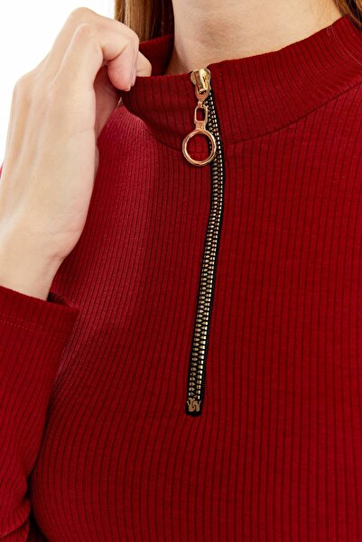 Maison La Femme Women's Long Sleeve Half Zipper Slim Fit Tshirt