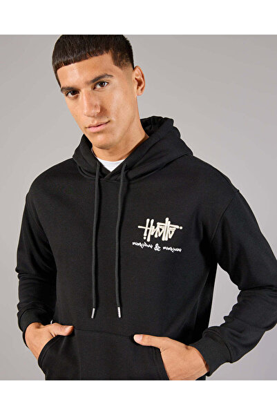 REDTAG Men Black Front & Back Embroidered Hooded Sweatshirt