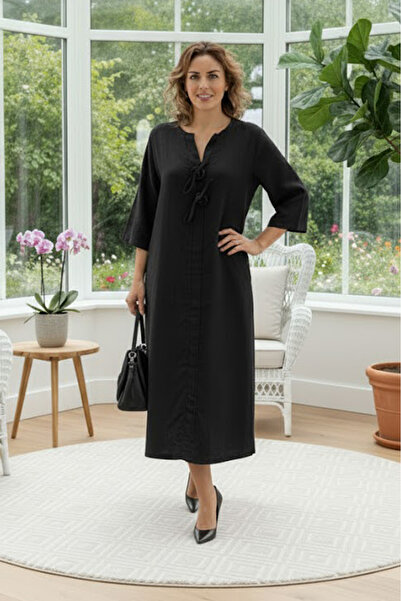 Nevin Kaya Moda Siyah İtalyan İki Düğmeli Kadife Elbise