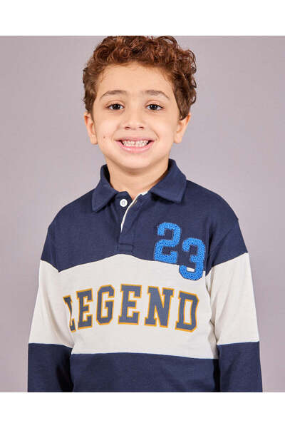REDTAG Boys Navy Cut & Sew Long Sleeve Polo Shirt