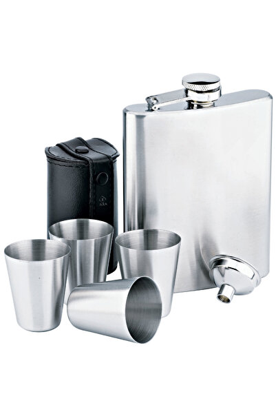 zola Set of pocket metal bottle, straw and 4 glasses in pouch, for drinking, silver, 210 ml