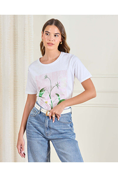 REDTAG Women White Floral Print T-Shirt