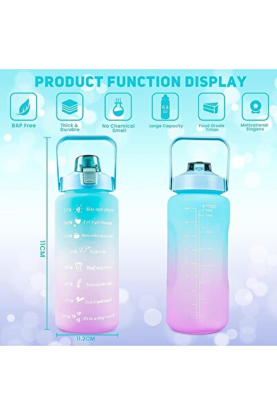 UBX 1500 ml water bottle with straw, 3D stickers, locking lid, time marker, durable handle, turquoise/purple
