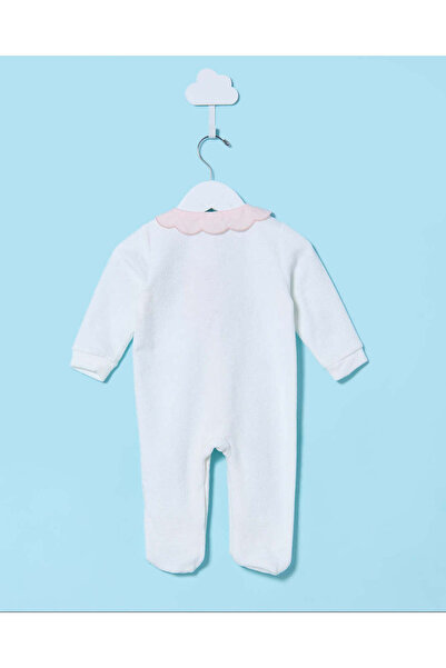 REDTAG Baby White And Pink Embroidered Velour Sleepsuit