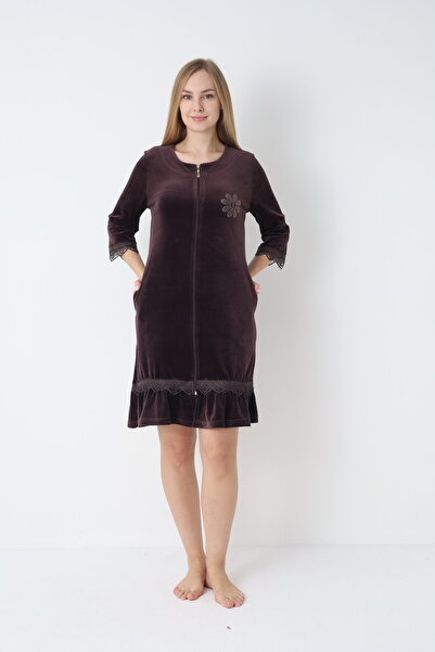 ROMEO LİFE Women's Cotton Velvet Zippered Winter Dress 3716