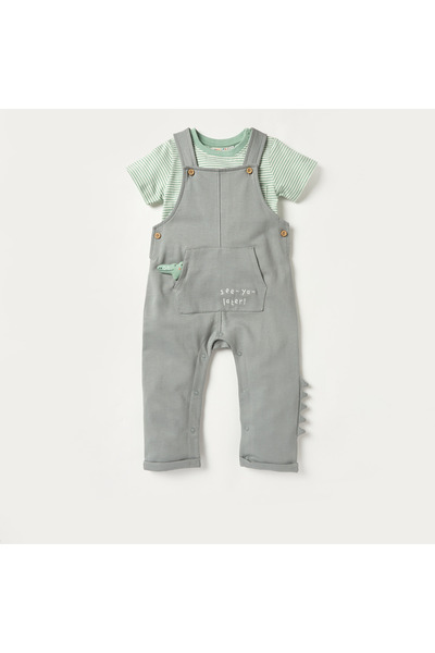 Juniors Crocodile Applique Dungaree and Striped T-shirt