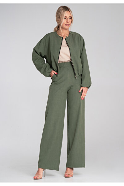 Figl Wide Leg Pants with Elastic Waist - Women's Suit Pants - Green M1197 size S/M