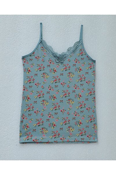 Modamorfo Floral Patterned Lace Strap Tank Top - Light Blue