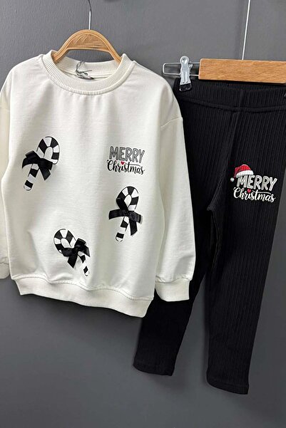 Riccotarz Set of Cane Candy and Christmas Printed on the Girl 2 String Sweater F Corded Fabric Black Leggings