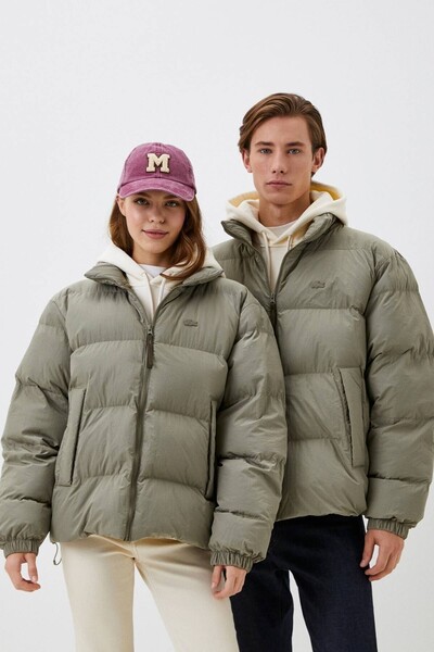 Lacoste Primaloft Neo Synthethic Fill Loose Unisex Mock Neck Hidden Hood Loose Cut Khaki Coat