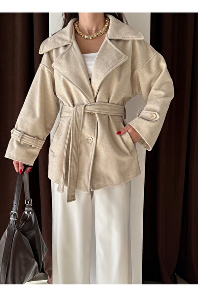 feme clothing Oversıze Kuşaklı Cepli Kısa Kaban
