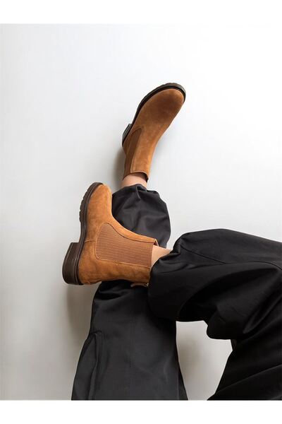 Saracshoes Gerçek Deri Süet Arkadan Fermuarlı Kadın Bot Taba Casual