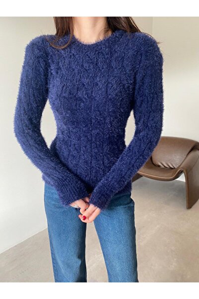 Bade Butik Pulover cu model tricotat în albastru bleumarin
