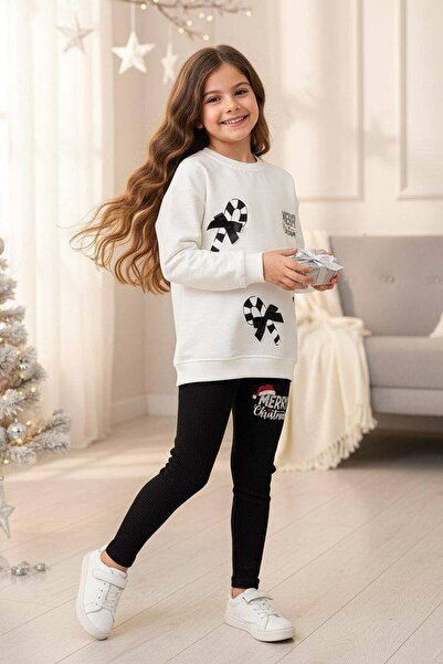 Riccotarz Set of Cane Candy and Christmas Printed on the Girl 2 String Sweater F Corded Fabric Black Leggings