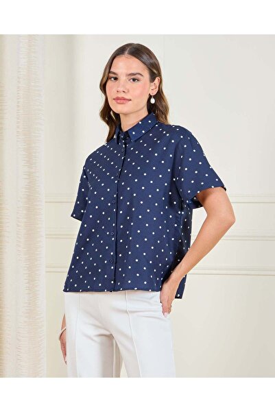 REDTAG Women Navy Polka Dot Printed Button Front Shirt