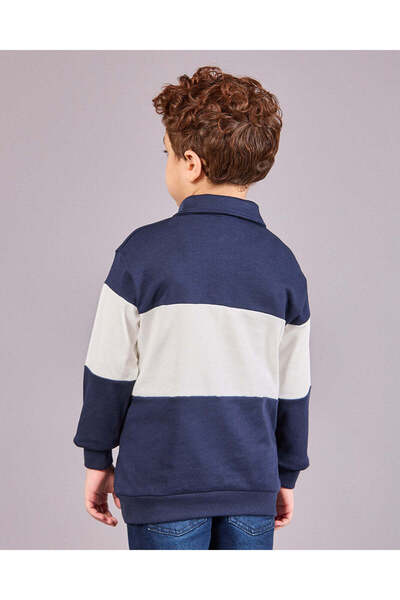 REDTAG Boys Navy Cut & Sew Long Sleeve Polo Shirt