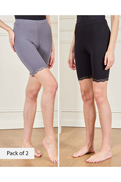 REDTAG Women Charcoal And Black Comfort Short Set (2 Piece)