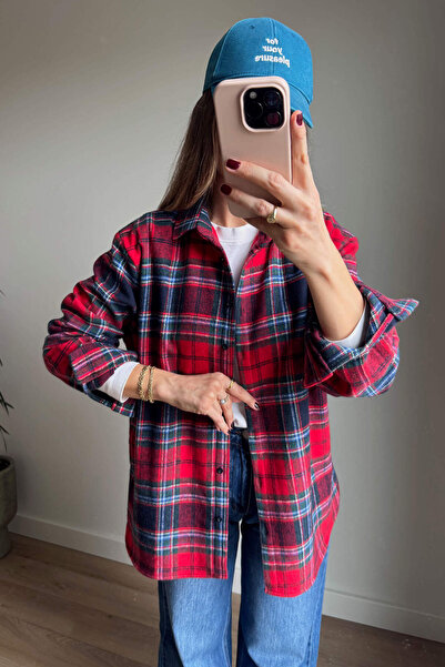 Sue Store Red Navy Blue Plaid Oversized Lumberjack Shirt