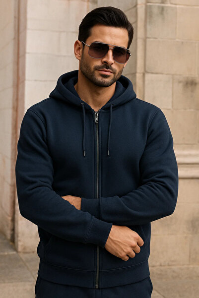 DAMGA JEANS Men's Winter Pocketed Dark Blue Oversized Sweatshirt