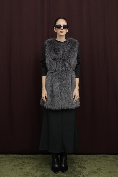Puane Women's Belted Lolita Fur Vest - 15223Ylk - Antracite