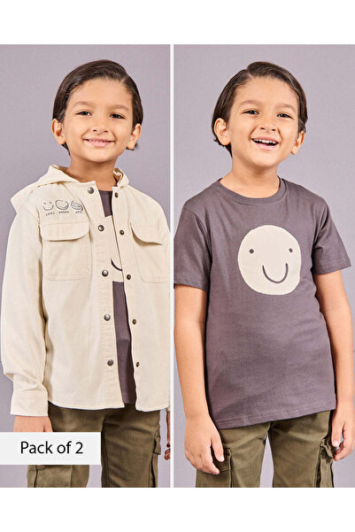 REDTAG طقم قميص كريمي بغطاء رأس مع تي شيرت فحمي للأولاد (قطعتان)