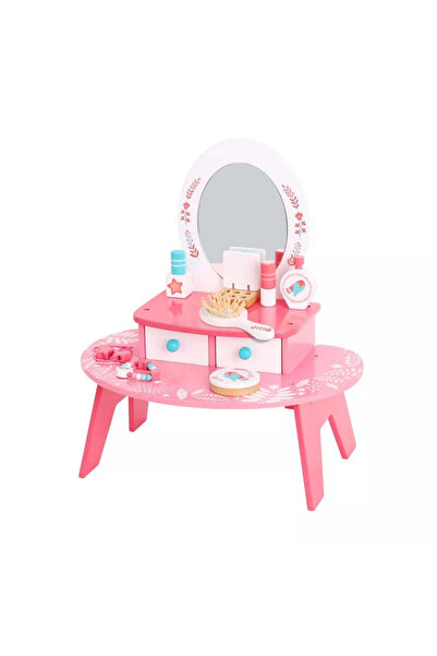 Tooky Toy Masuta de toaleta din lemn pentru copii cu trusa machiaj de jucarie