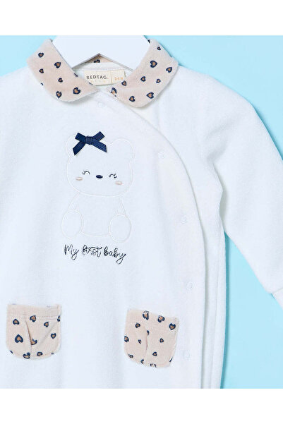 REDTAG Baby White Embroidered Velour Sleepsuit