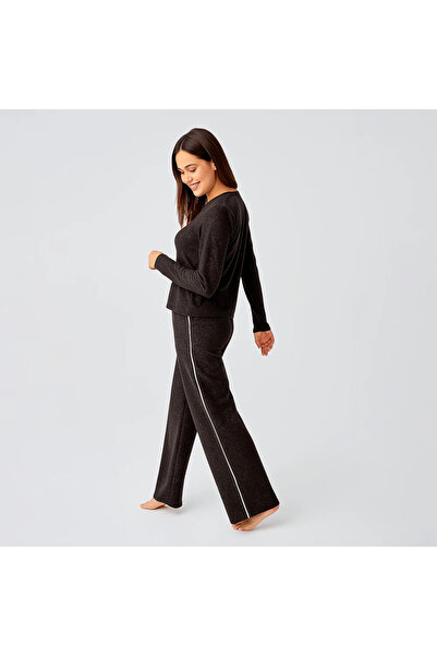 Penelope Softtouch Long Sleeve Soft Textured Knitted Pajama Set - Brownl