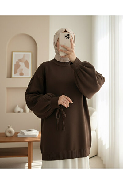Modamorfo Round Neck Sleeve Knit Detailed Sweater -K. Brown