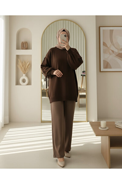 Modamorfo Round Neck Sleeve Knit Detailed Sweater -K. Brown