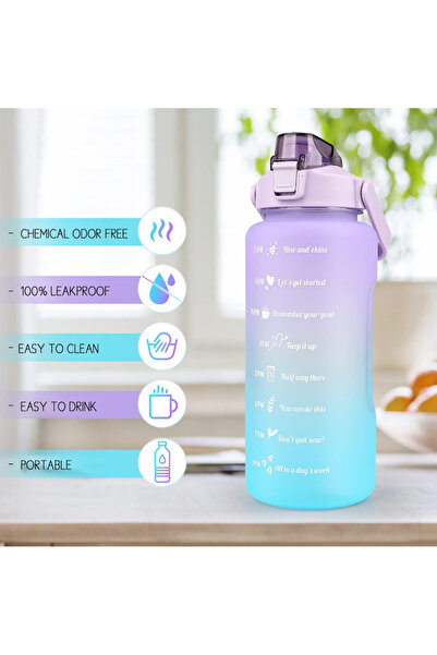 zola 2000 ml water bottle with straw, locking lid, time marker, durable handle, purple/green