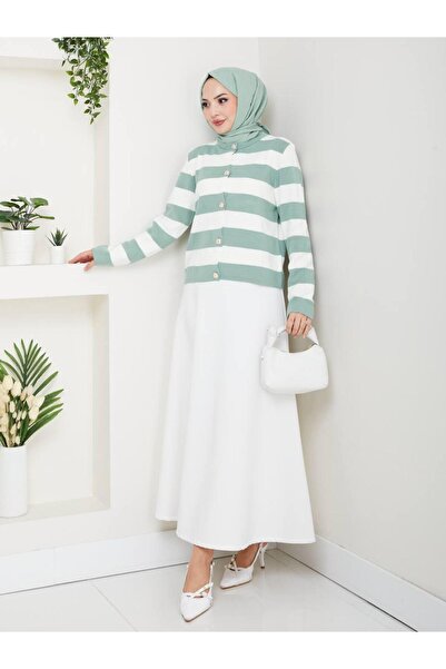 moda paketi Stylish Buttoned Striped Knitwear Cardigan-Suitable for Hijab