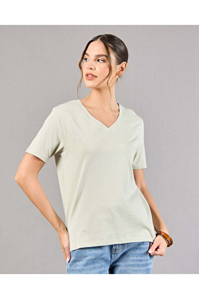 REDTAG Women Green Short Sleeve V-Neck T-Shirt