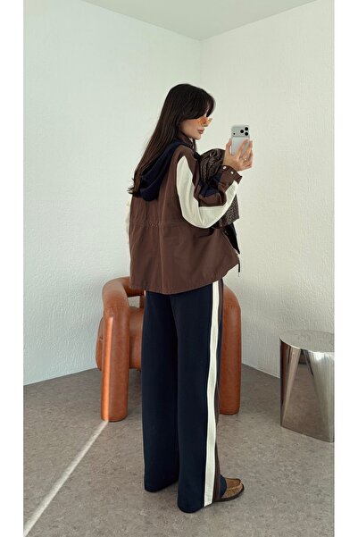 BRTC design Women's Navy Blue Gray Patchwork Hooded Detailed Tracksuit Set