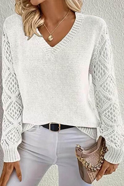 Genel Markalar Kadın Uzun Kollu V Yaka Kol Delikli Baklava Desen Detaylı Trik...