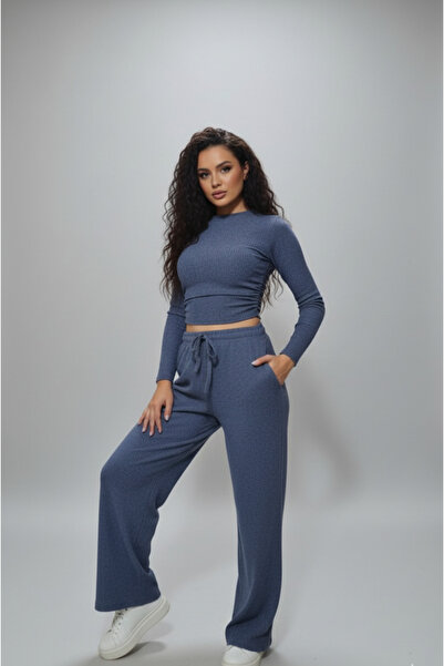 MODA Fitilli Crop Üst ve Yüksek Bel İpli Eşofman Altı (Jogger) İkili Kadın Takım