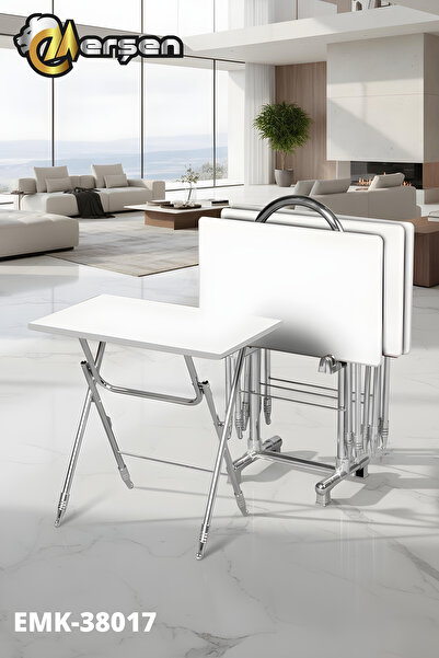 Erşen Sehpa Eranş Serisi 4'lü Katlanır MDF Mebran Beyaz Çanta Zigon Sehpa Krom Ayak