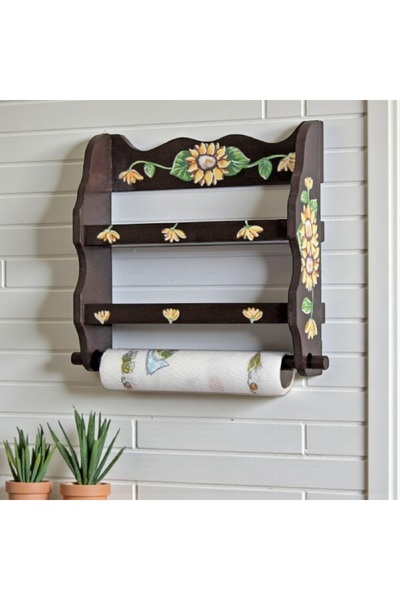 Decoratiuni Vintage Casa Retro Suport din lemn pentru prosop si condimente, maro floarea soarelui, pictat manual, 33 x 33 cm