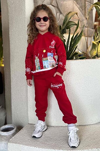 Riccotarz Girls Boys Children's Christmas Red Tracksuit Set with Snowflake and Building Digital Printed Text Detail