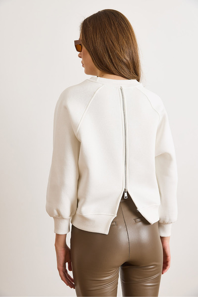 Olalook Women's Ecru Raglan Sleeve Back Zipper Fleece-Lined Sweatshirt Swt-19000787