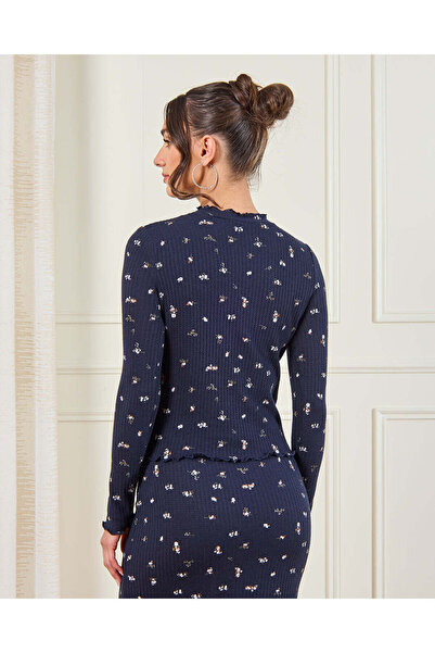 REDTAG Women Navy Printed Rib Top